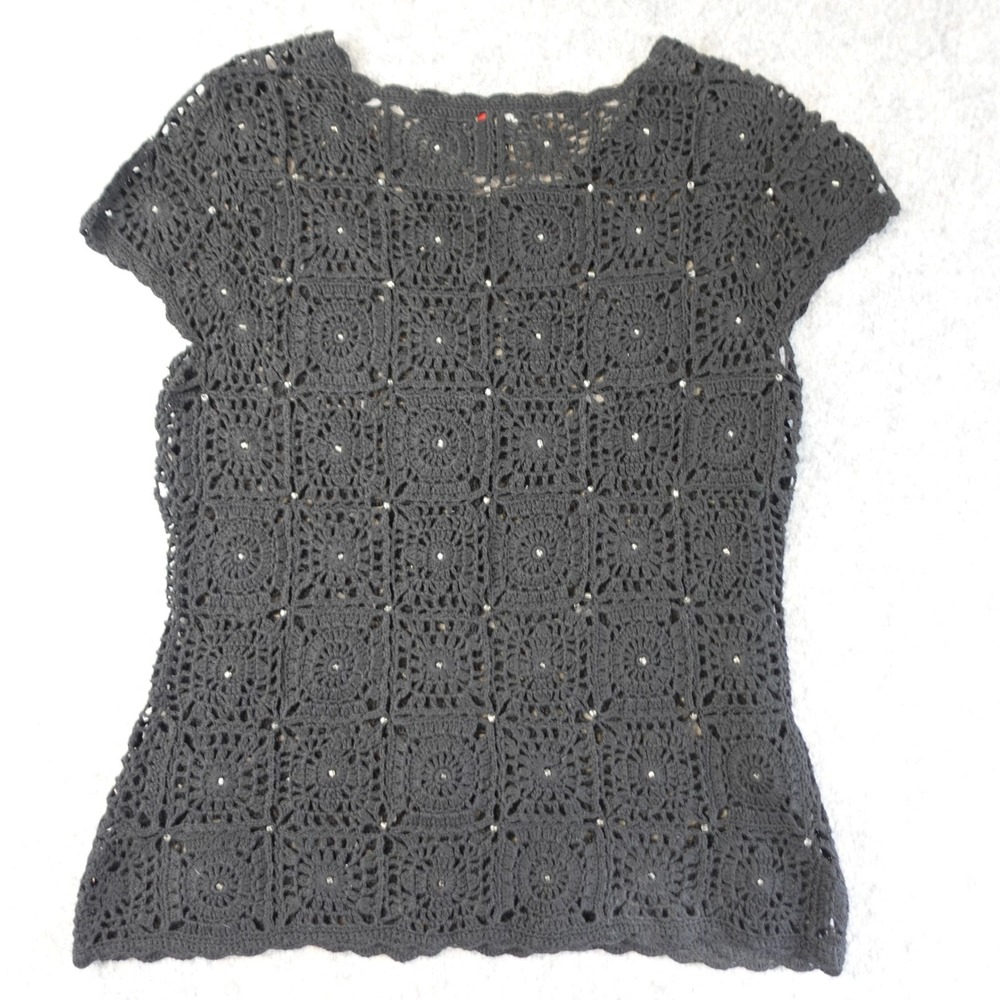 Vintage 90s Crochet Cardigan Womens Medium Black Beaded Granny Square Top Ramie - Picture 2 of 6